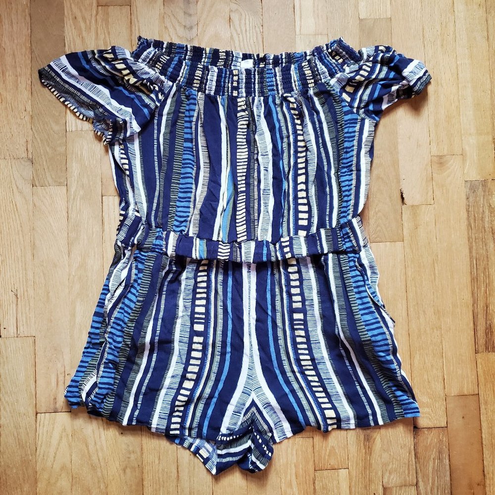 LOFT Blue Striped Off Shoulder Romper Pockets Lounge Comfy Shorts Size Large